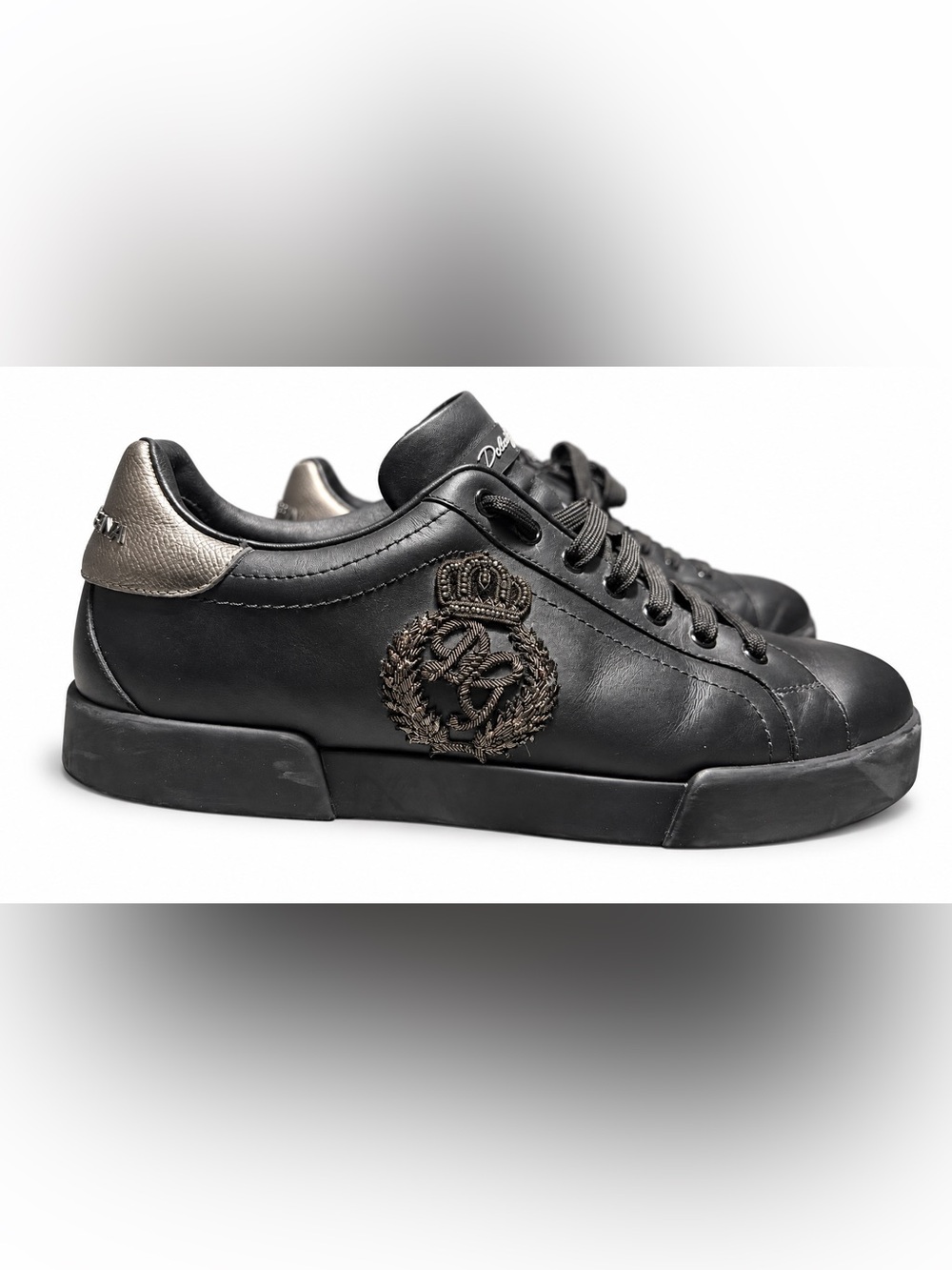 Dolce & Gabbana Portofino CS1761 AH164 Black Leather Crown Patch Sneakers Size 9